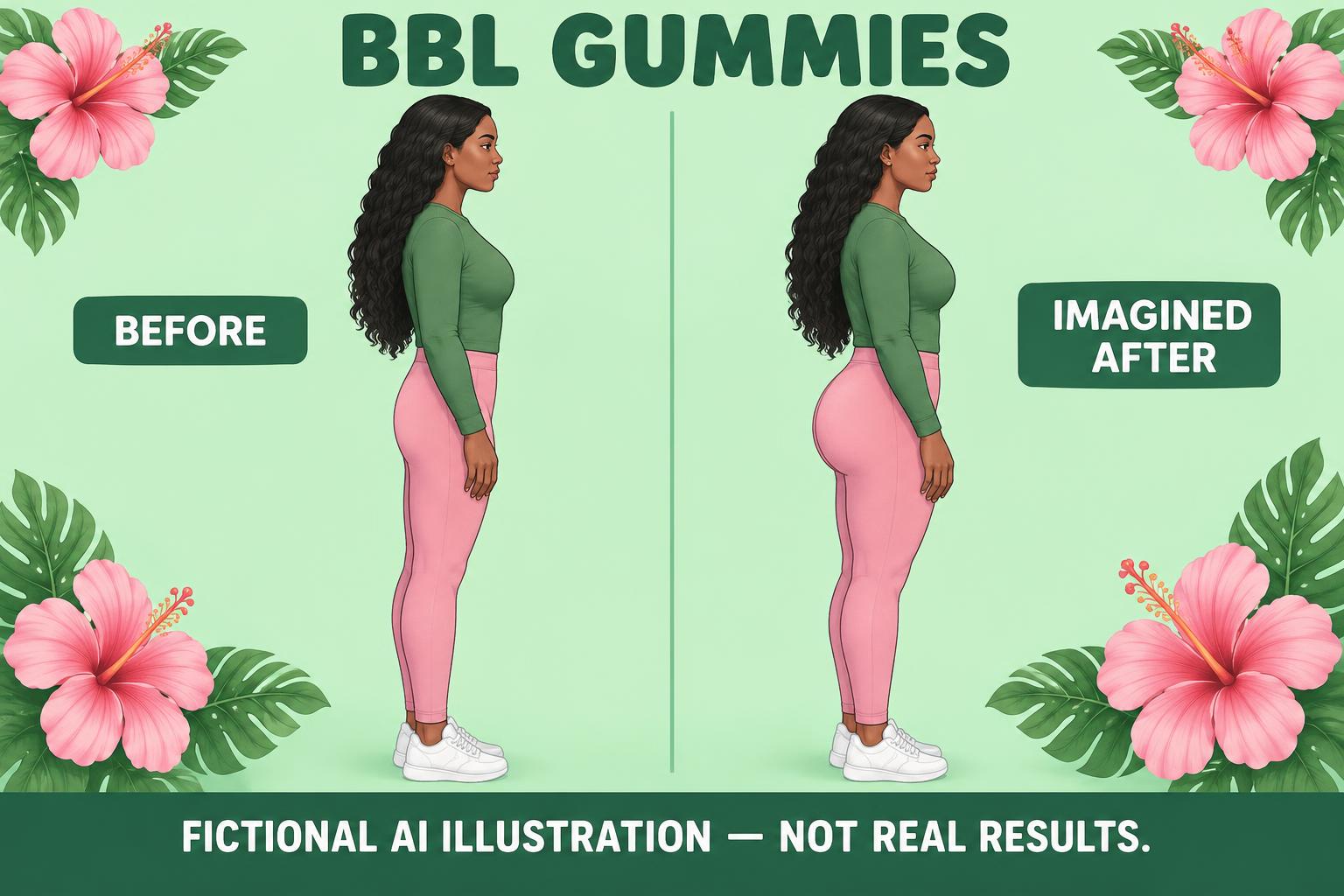 BBL Gummies: fictional before and imagined after. A flatter butt silhouette to a rounder, plumper shape. Not real results.