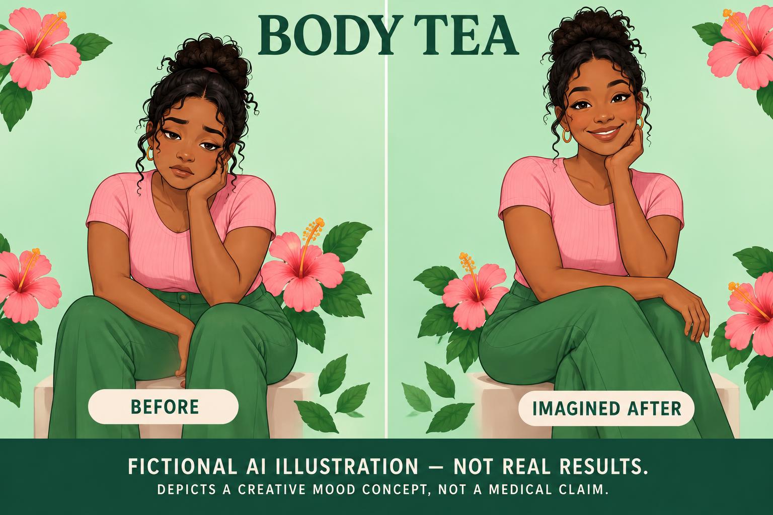 Body Tea: fictional before and imagined after. A tired expression to a brighter, refreshed mood. Body Tea is a shower gel and body oil set, not a drink. Not real results.