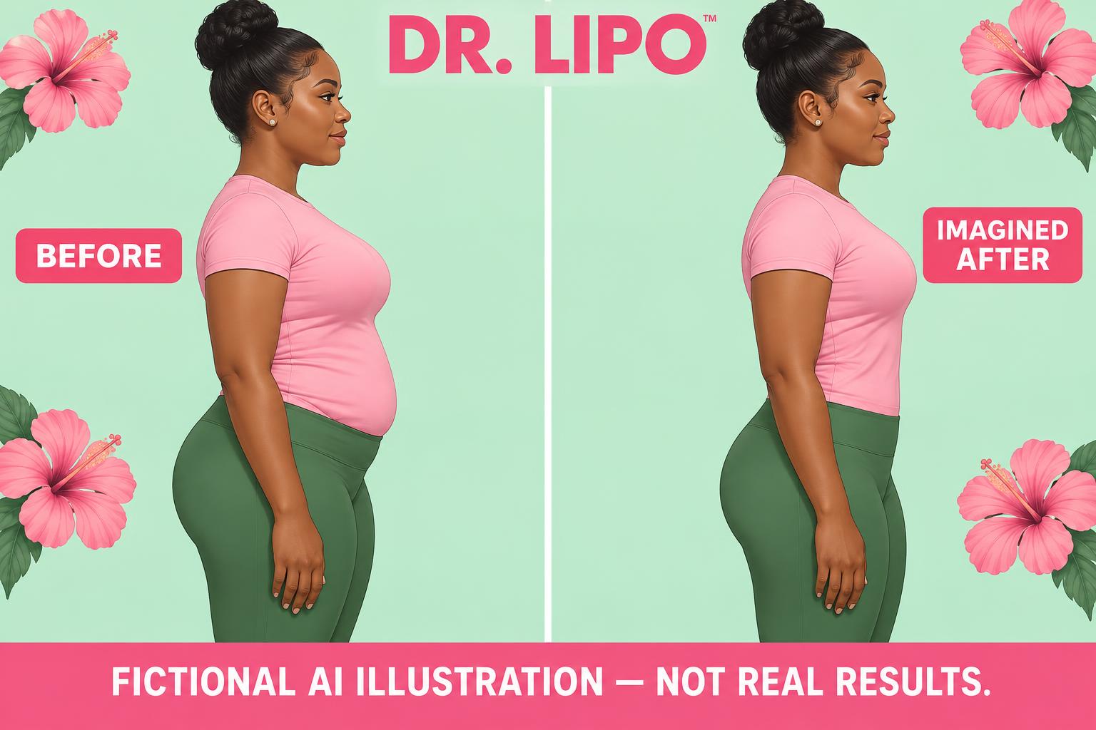 Dr. Lipo: fictional before and imagined after. A softer lower abdomen to a smoother, firmer-looking silhouette. Not real results.