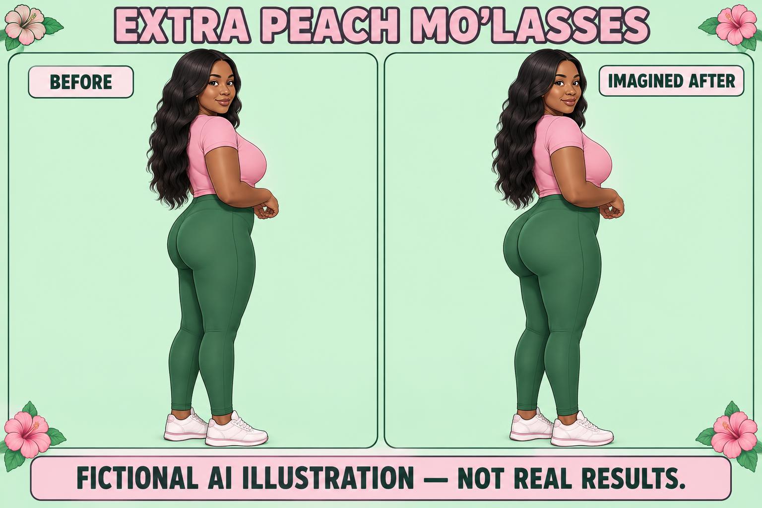 Extra Peach Mo’Lasses: fictional before and imagined after. Already-full curves to an even fuller silhouette. Not real results.