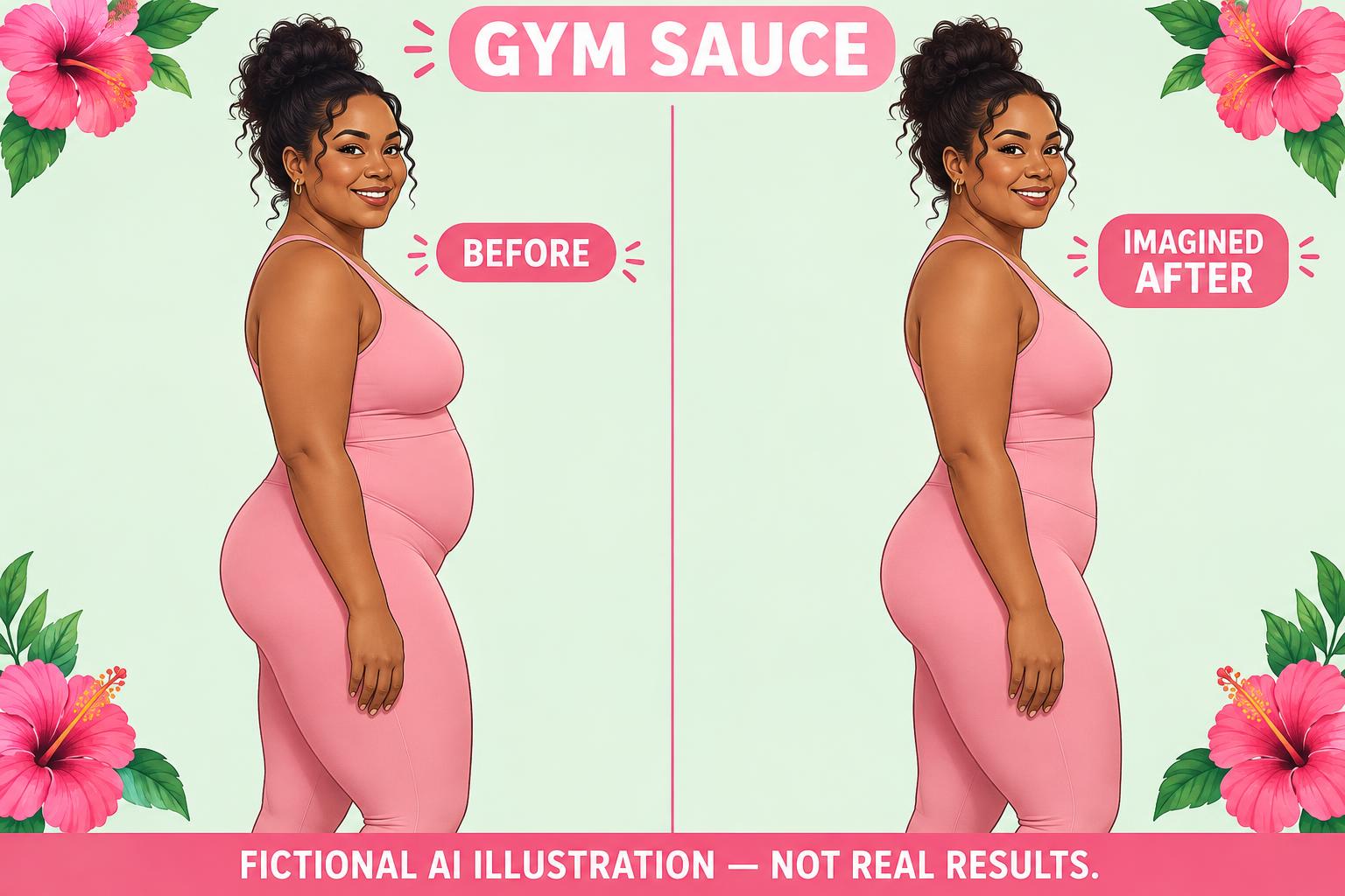 Gym Sauce: fictional before and imagined after. A fuller stomach to a flatter silhouette. Not real results.
