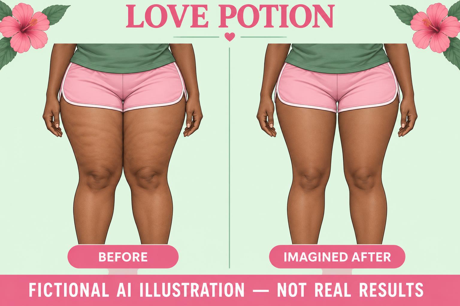 Love Potion: fictional before and imagined after. Dimpled, softer legs to a smoother silhouette with space between the thighs. Not real results.