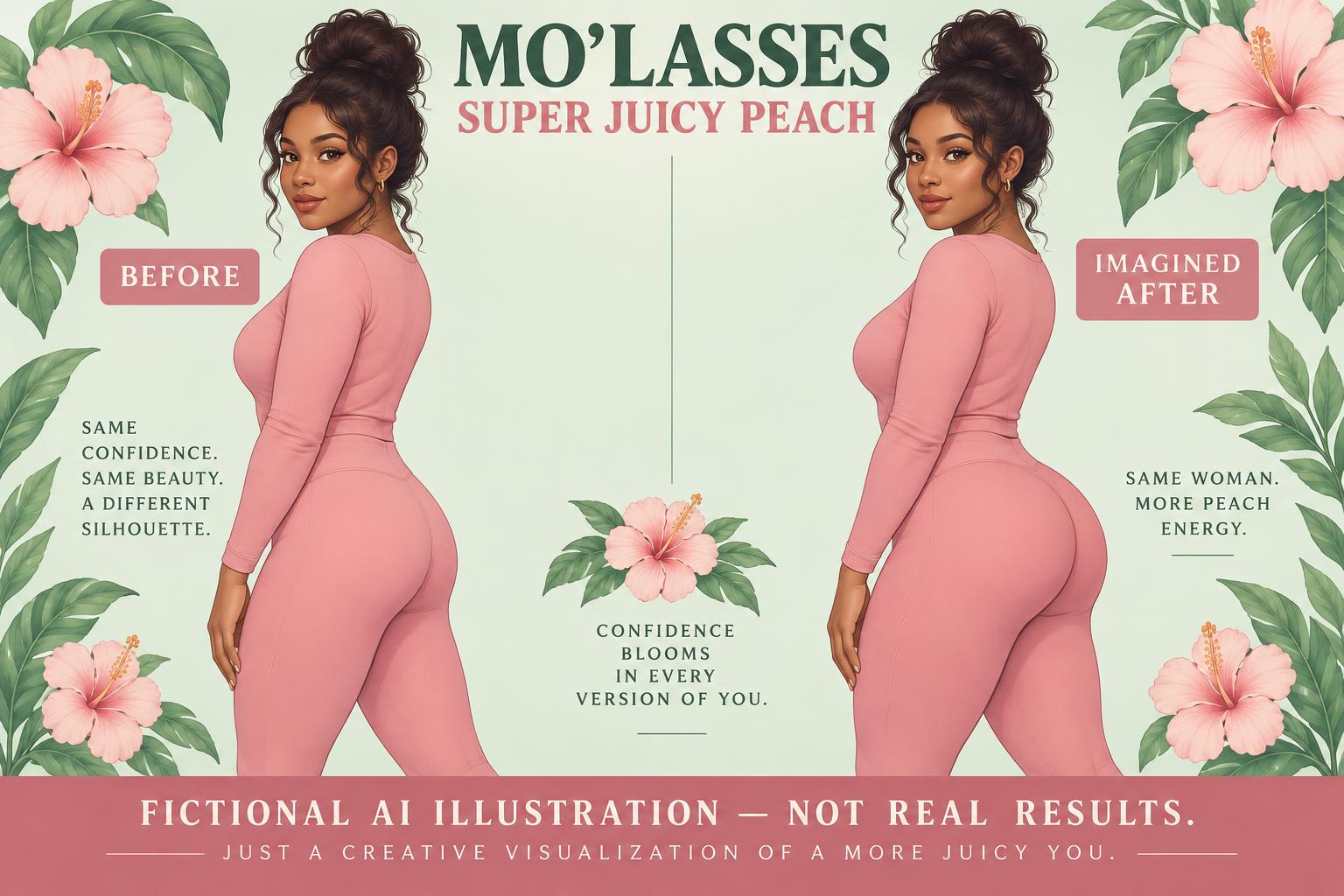 Mo’Lasses / Super Juicy Peach: fictional before and imagined after. A smaller butt silhouette to rounder, fuller curves. Not real results.