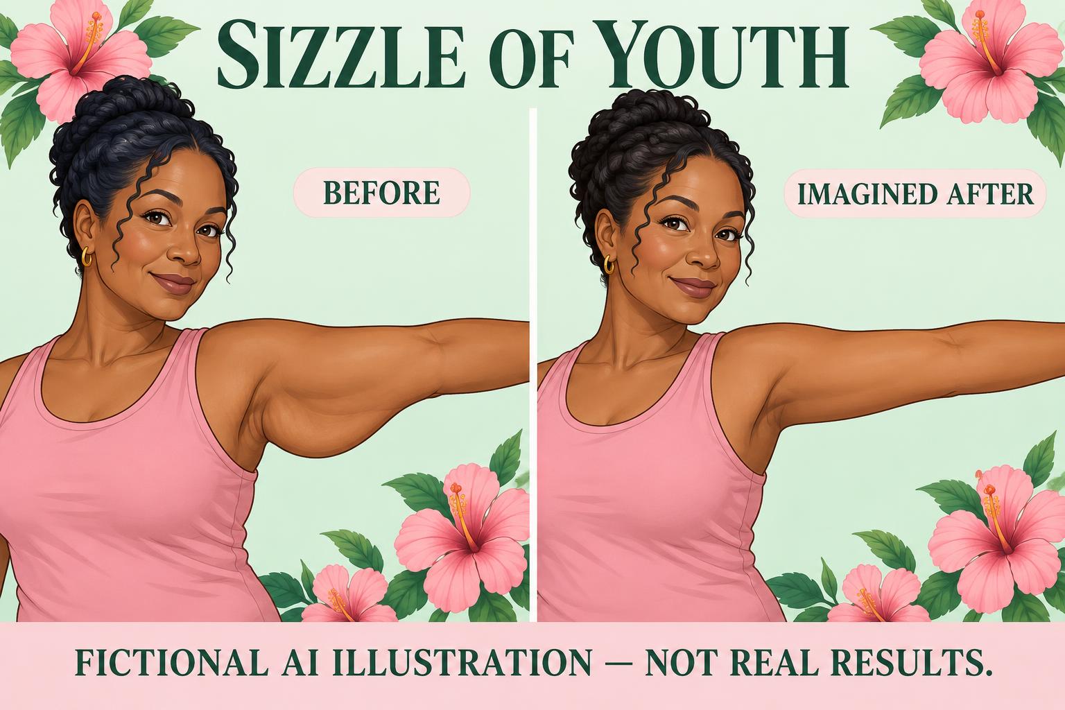 Sizzle of Youth: fictional before and imagined after. Loose upper-arm skin to a tighter-looking contour, without bigger muscles. Not real results.