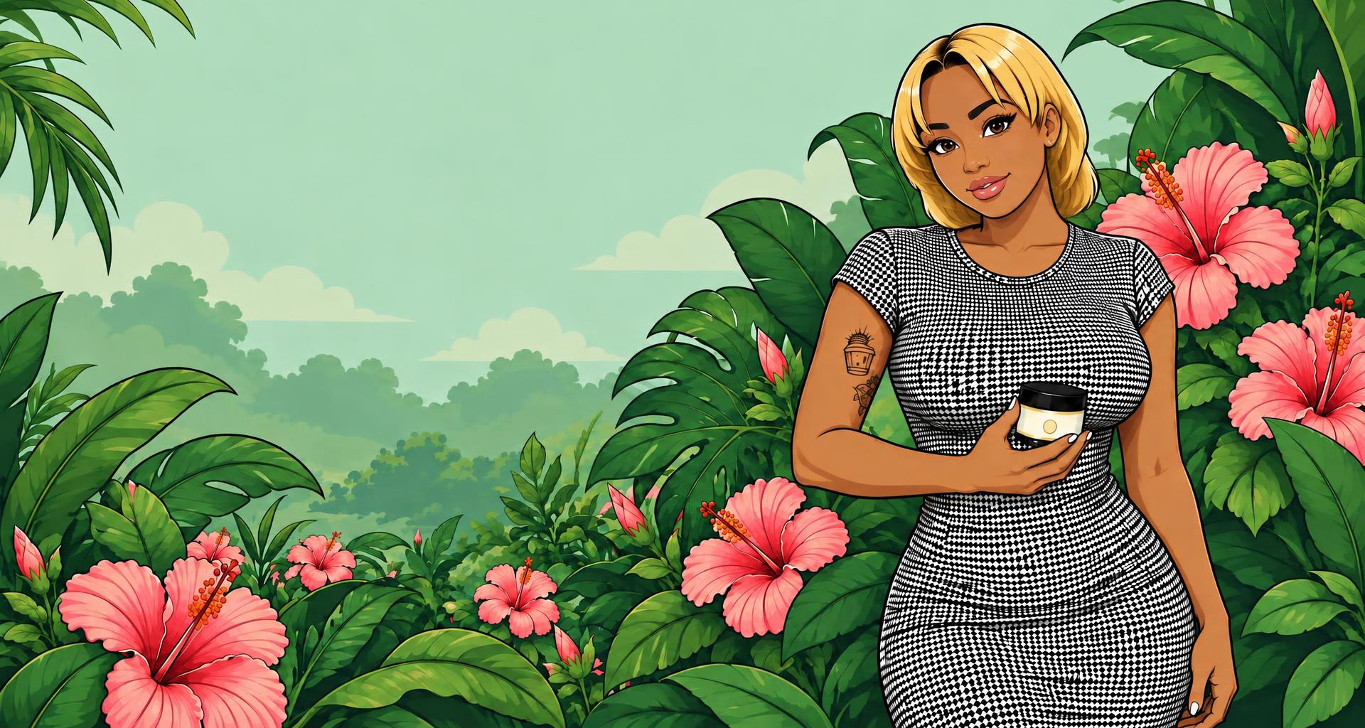 Cartoon illustration of BodyLift Houston founder Sonja holding a jar of body butter in a hibiscus garden.