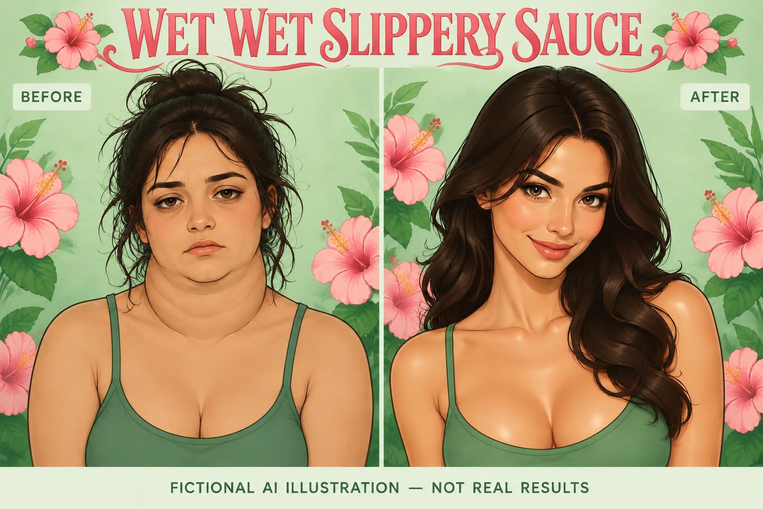 Wet Wet Slippery Sauce: fictional before and imagined after. A tired look with a thick neck to a slimmer, elegant neck and a confident, radiant, foxy glow. Not real results.